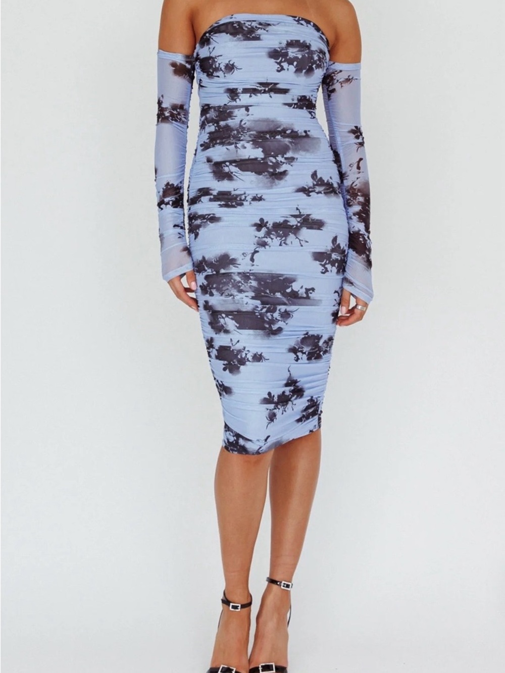 NWT US Sz XS Off-Shoulder Blue Tie-Dye Bodycon Midi Dress